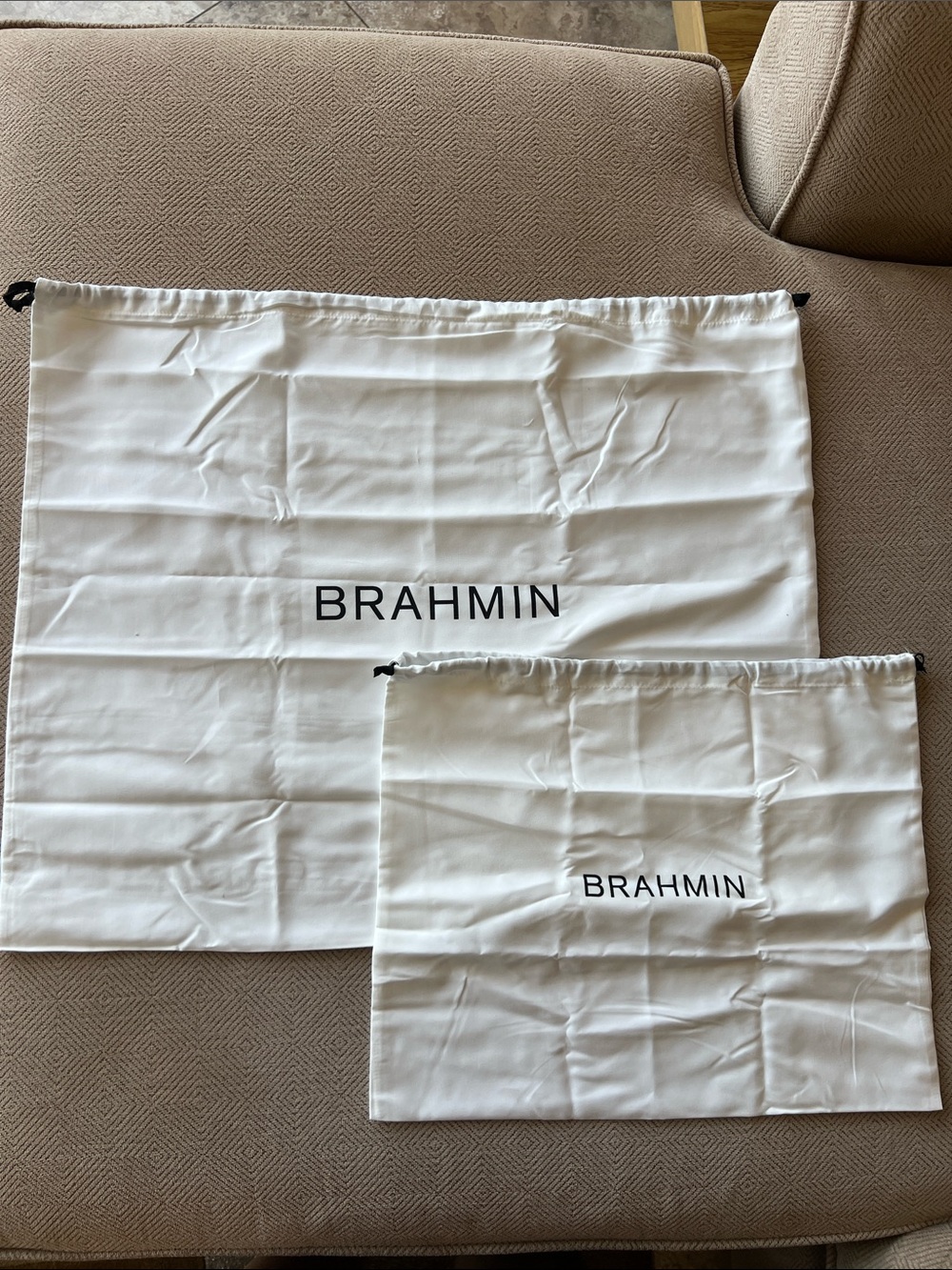Brahmin White Drawstring Storage Bags with Black Logo - Set of 2